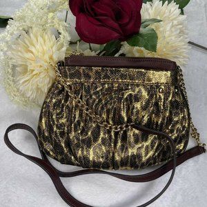 B Makowsky Leopard Print Dark Gold Brown Leather Evening Bag Animal Print